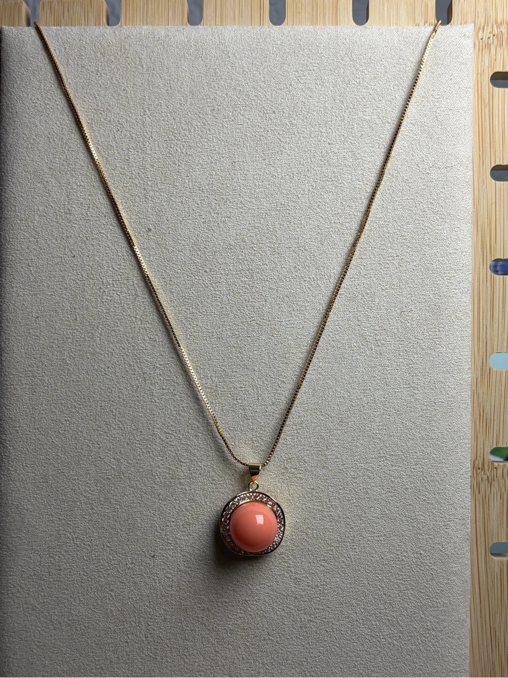 Gold Necklace with Coral Cabochon Pendant